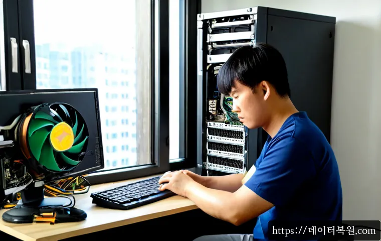 성산동 쿨러조립 및 교체수리 - Photorealistic desktop PC repair bench in a Seongsan-dong apartment workspace, technician carefully ...