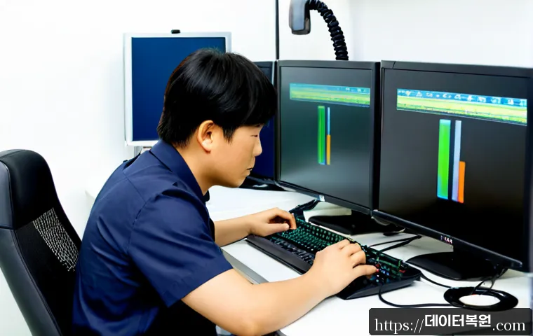예지동 케이블연결확인 - Photorealistic IT support workstation in a compact Euljiro-area workshop office, technician carefull...