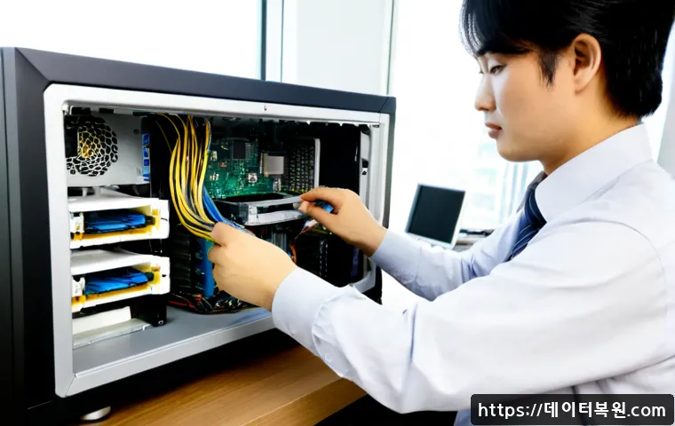 청진동 파워조립 및 교체수리 - Photorealistic computer repair workstation in a compact downtown Seoul office, technician carefully ...