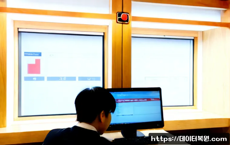 견지동 STATUS_MODULE_ACCESS_DENIED - Photorealistic IT support workstation in a compact Gyeonji-dong office, dual monitors displaying abs...