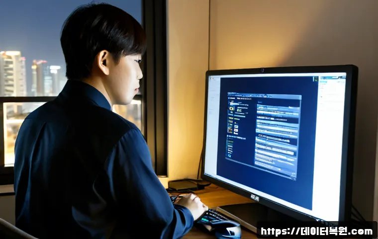 인현동 STATUS_FILE_WRITE_FAILURE - Photorealistic IT support workstation in a compact Incheon office, frustrated technician reviewing a...