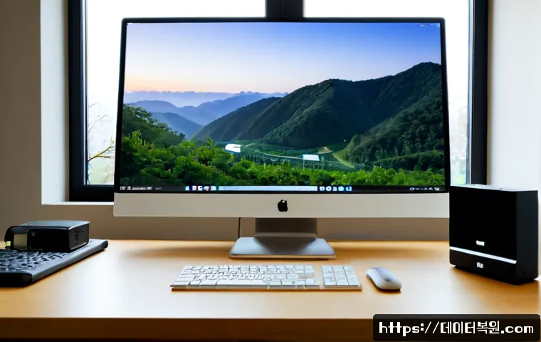 산황동 macosX재설치 포맷 초기화 - Photorealistic remote-support workstation in a quiet suburban apartment near low wooded hills, silve...