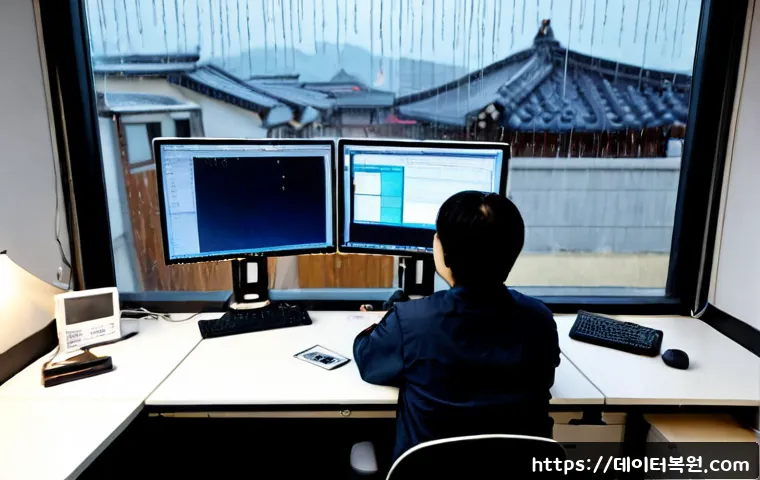 북창동 STATUS_KERNEL_LOG_FAILURE - Photorealistic IT support workstation in a compact downtown Seoul office, dual monitors showing abst...