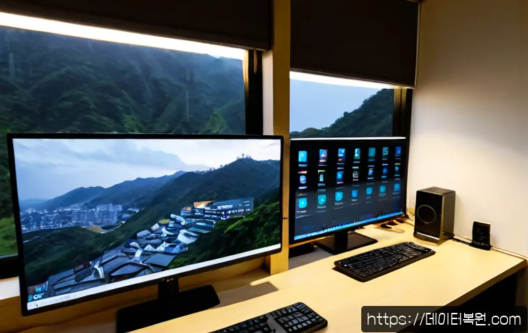 망우동 STATUS_DEVICE_OFFLINE - Photorealistic remote-support workstation in a compact Mangwoo-dong apartment office, dual monitors ...