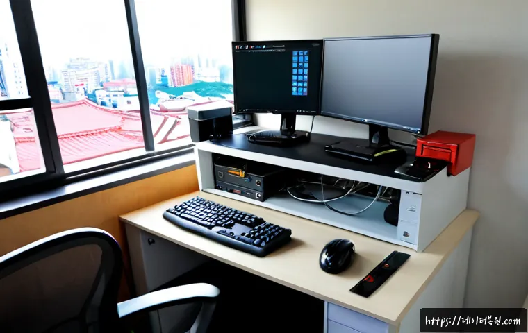 역촌동 DEVICE_DRIVER_MISMATCH - Photorealistic PC support workstation in a compact Yeokchon-dong apartment office, dual monitors sho...