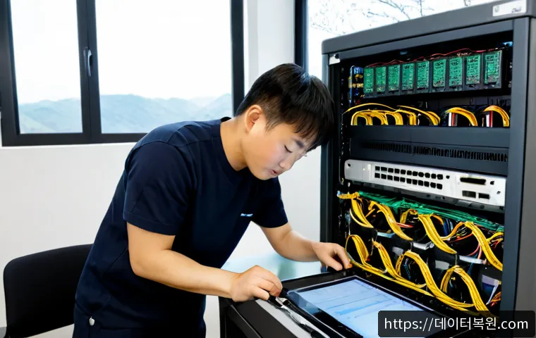 초월읍 server출장방문수리점 - Photorealistic on-site server repair in a compact suburban office near low wooded hills, technician ...