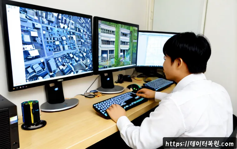 염창동 워크스테이션출장방문수리점 - Photorealistic workstation repair visit in a compact Yeomchang-dong apartment office, technician car...