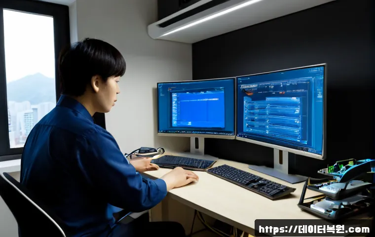 보광동 STATUS_KERNEL_MODE_EXCEPTION - Photorealistic IT support workstation in a compact hillside apartment office, dual monitors showing ...