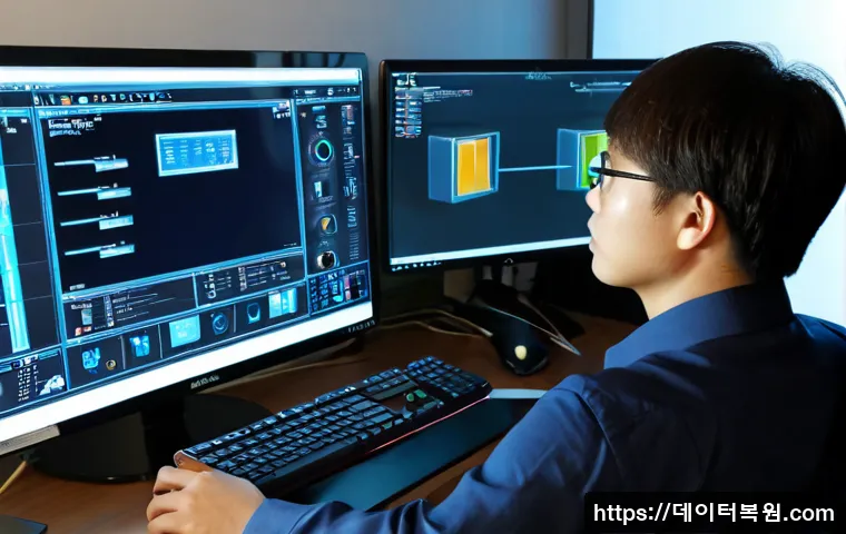 직동 STATUS_KERNEL_APC_PENDING - Photorealistic IT support workstation in a compact Jikdong apartment office, dual monitors showing a...