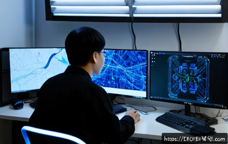 서강동 NDIS_INTERNAL_ERROR - Photorealistic IT support workstation in a compact riverside Seoul office, dual monitors showing abs...