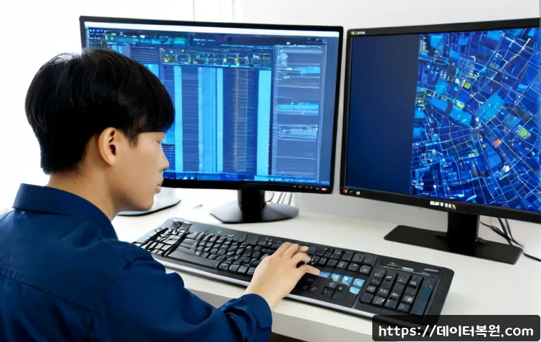 벽제동 STATUS_KERNEL_HEAP_CORRUPTION - Photorealistic IT support workstation in a quiet suburban Korean district, dual monitors showing abs...