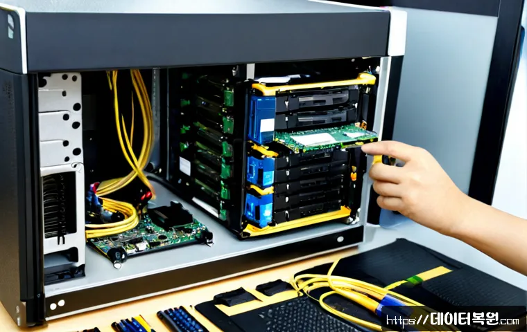 문배동 HDD조립 및 교체수리 - Photorealistic desktop repair workstation in Mungbae-dong, a technician carefully installing a new h...