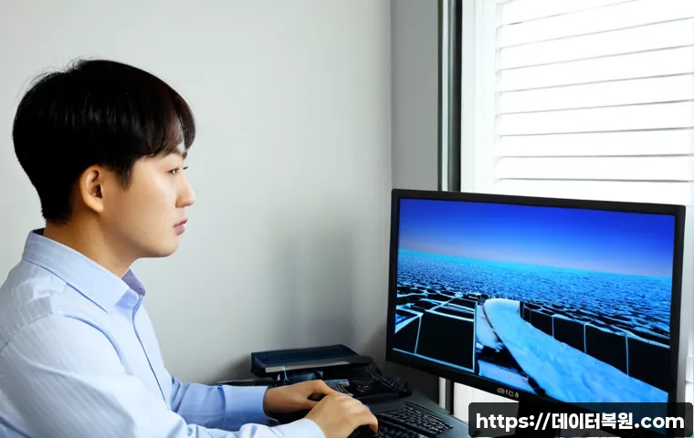 도림동 PAGE_TABLE_CORRUPT - Photorealistic IT support workstation in a compact Dorim-dong office, dual monitors showing a CAD-st...