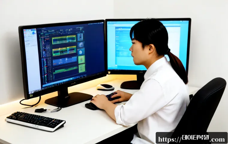 홍파동 STATUS_KERNEL_MODULE_FAILURE - Photorealistic remote IT support workstation in a compact Hongpa-dong office, engineer examining a d...