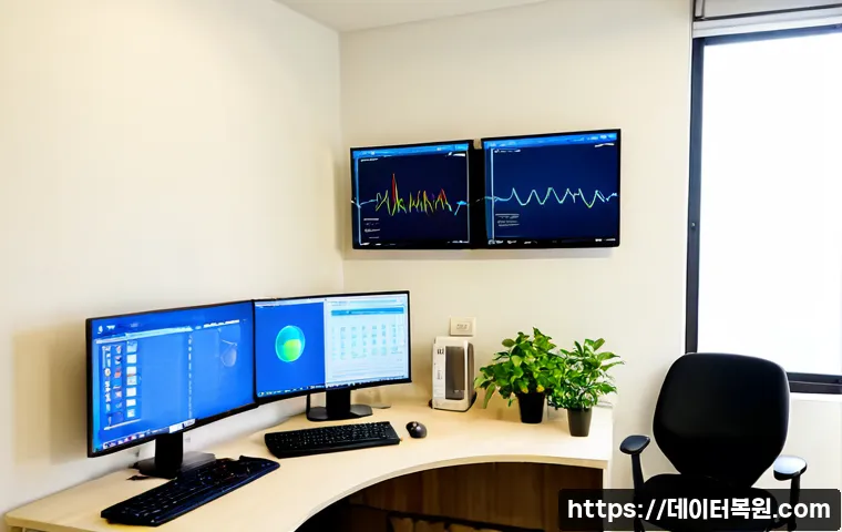 발산동 USER_MODE_HEALTH_MONITOR - Photorealistic remote health-monitoring workstation in a quiet Balsan-dong apartment office, dual bl...