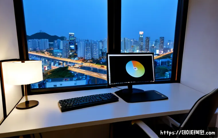 도선동 절전모드 - Photorealistic desktop workstation in a compact Doseon-dong apartment office at dusk, ultrawide moni...