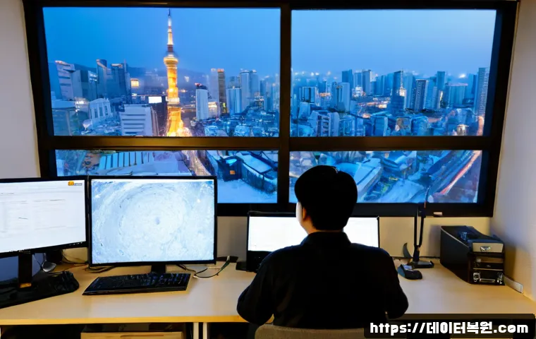 주교동 CLOCK_WATCHDOG_TIMEOUT - Photorealistic IT support workstation in a compact Seoul neighborhood office, dual monitors showing ...