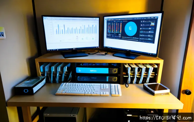 군자동 해놀로지 xpenology 구축 - Photorealistic compact IT workstation in a Gunjadong apartment study, custom NAS tower with neatly r...