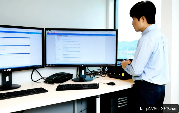충정로 STATUS_KERNEL_MODULE_ACCESS_DENIED - Photorealistic IT support workstation in a compact Seoul office near Chungjeong-ro, dual monitors sh...