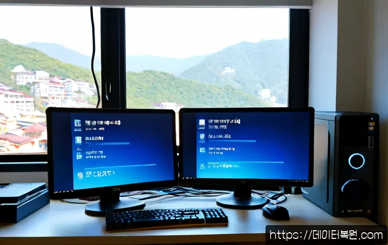 상도동 STATUS_KERNEL_CONFIGURATION_ERROR - Photorealistic IT support workstation in a compact Sangdo-dong apartment office, dual monitors showi...