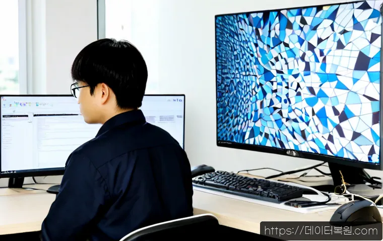 훈정동 STATUS_MODULE_CORRUPTION - Photorealistic remote IT support workstation in a compact Hunjeong-dong office, dual monitors displa...