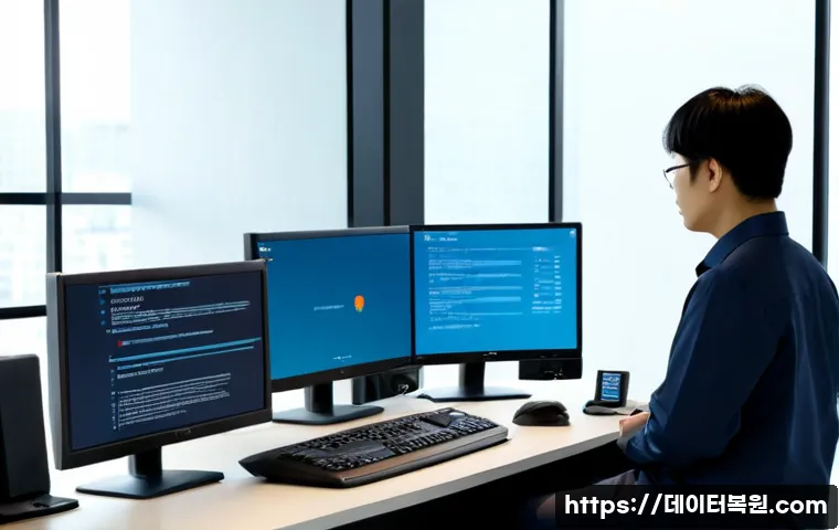 가양동 SYSTEM_LICENSE_VIOLATION - Photorealistic IT support desk in a modern office near Gayang-dong, dual monitors showing a muted bl...