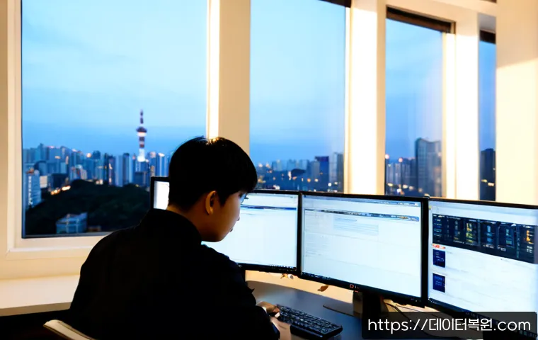 방이동 STATUS_SECURITY_POLICY_VIOLATION - Photorealistic IT support workstation in a modern Bangi-dong office, dual monitors showing abstract ...