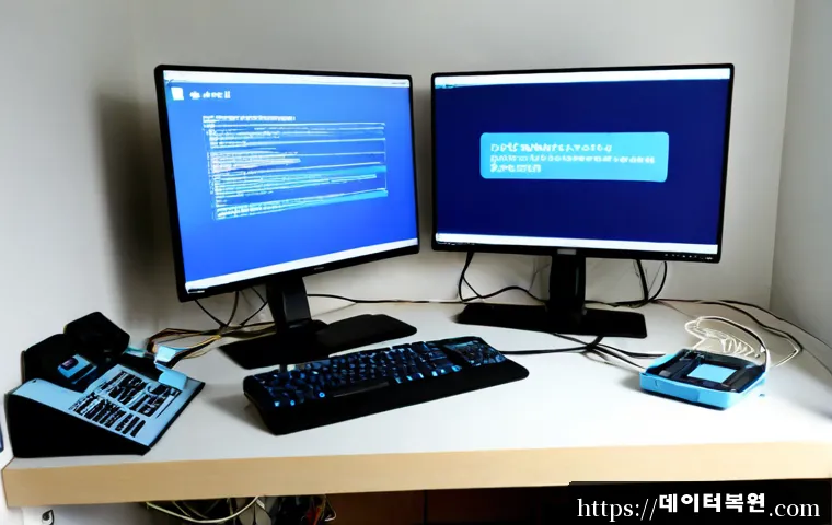 사근동 DRIVER_IRQL_NOT_LESS_OR_EQUAL - Photorealistic IT support workstation in a compact Seongdong-gu apartment office, dual monitors show...