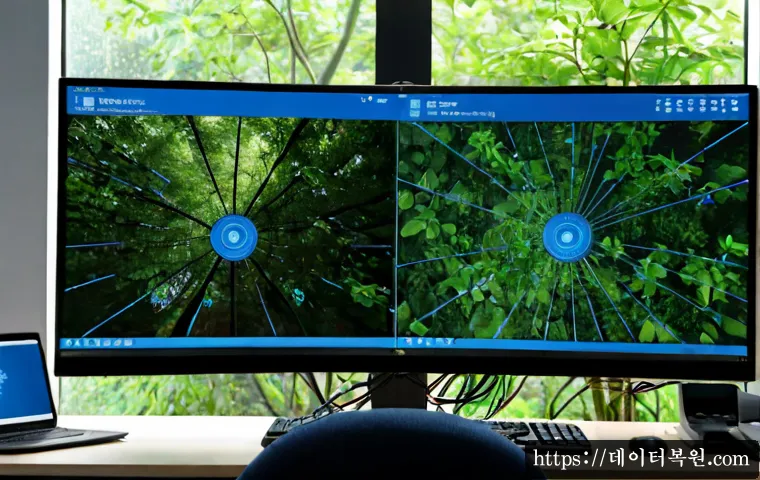 산림동 CRITICAL_PROCESS_DIED - Photorealistic remote IT support workstation in a compact forest-district office, dual monitors show...