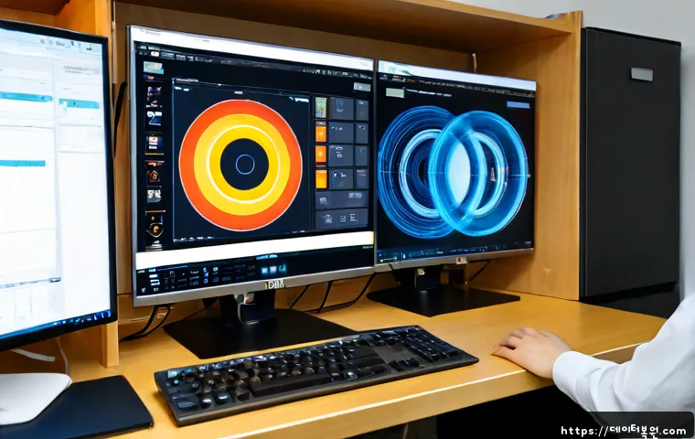 적선동 STATUS_CONTROL_C_EXIT - Photorealistic IT support workstation in a compact Ikseon-dong office, dual monitors showing abstrac...