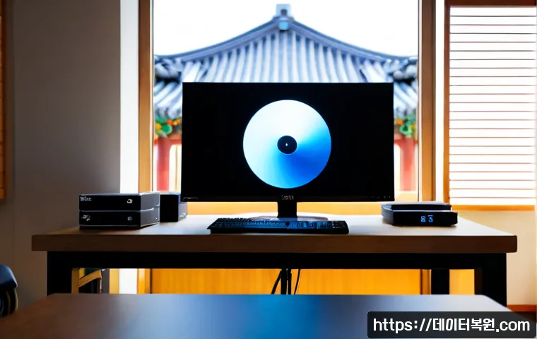 원서동 UDFS_FILE_SYSTEM - Photorealistic IT workstation in a quiet Wonseo-dong studio, dual monitors displaying a clean abstra...