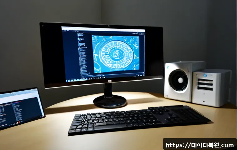 문배동 STATUS_INVALID_OBJECT - Photorealistic IT support workstation in a compact Seoul office, dual monitors showing an abstract 3...