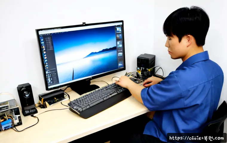 상일동 HDD조립 및 교체수리 - Photorealistic computer repair workstation in a compact Sangil-dong apartment office, technician car...