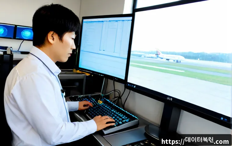공항동 WHEA_UNCORRECTABLE_ERROR - Photorealistic IT support workstation in an Airport-dong office near a distant airport runway, techn...