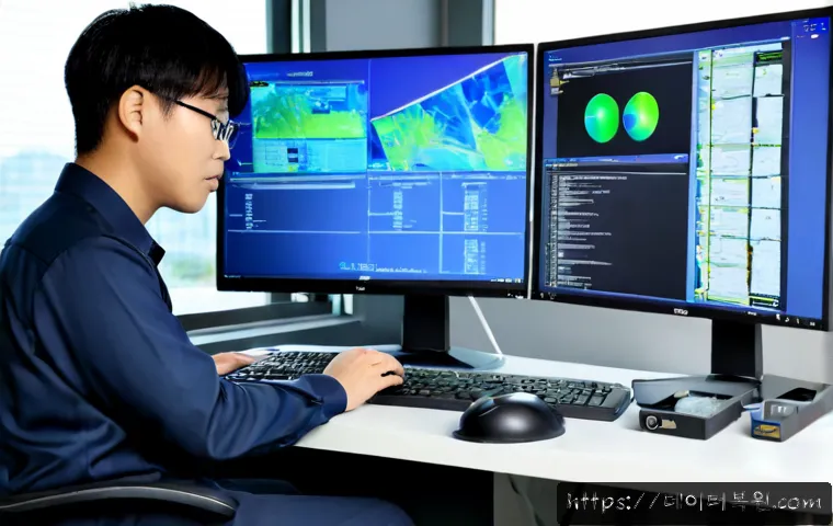 원문동 STATUS_KERNEL_HEAP_CORRUPTION - Photorealistic IT support workstation in a modern office near a quiet Korean residential district, d...