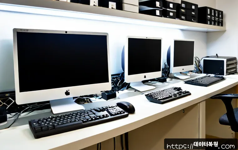 산림동 맥미니 판매 및 수리 - Photorealistic compact desktop computer sales counter in a tidy electronics workshop, several small ...
