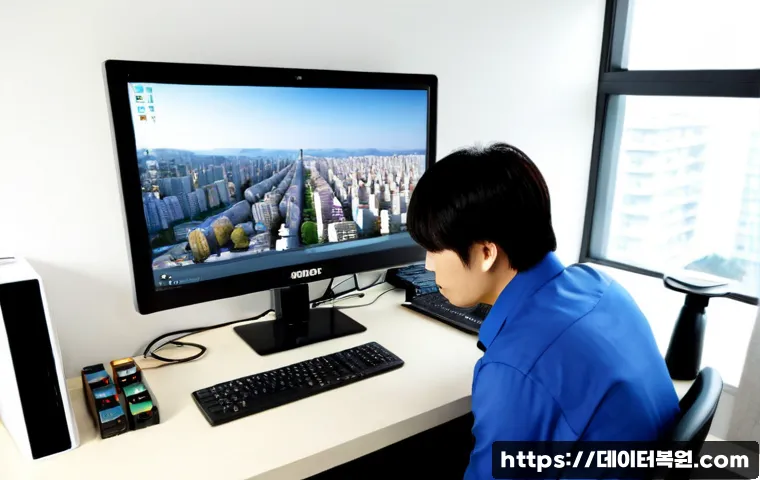 성현동 pc복구중 - Photorealistic PC recovery workstation in a compact Seonghyeon-dong apartment office, technician rec...