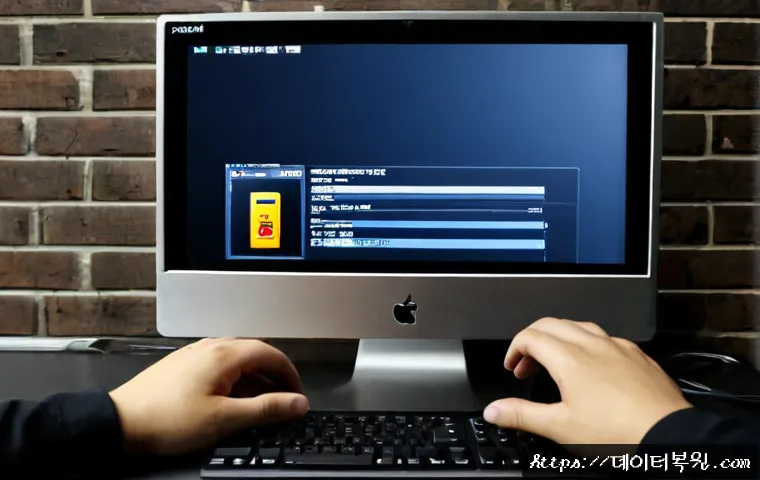 성수동 BOOTMGR is missing - Photorealistic creative studio workstation in Seongsu-dong, a black desktop monitor showing a dark b...