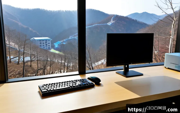평창동 STATUS_DISK_FULL - Photorealistic remote-support workstation in a quiet hillside home office, dual monitors showing a c...