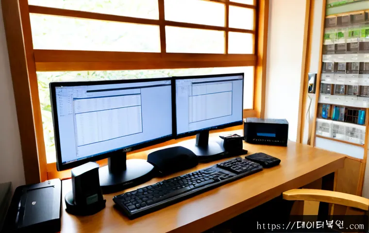 익선동 MEMORY_MANAGEMENT - Photorealistic remote-support workstation in a compact office beside a quiet traditional Korean cour...