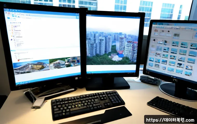 영등포동 POOL_CORRUPTION_IN_FILE_AREA - Photorealistic IT support workstation in Yeongdeungpo-dong, dual monitors showing a generic file rec...