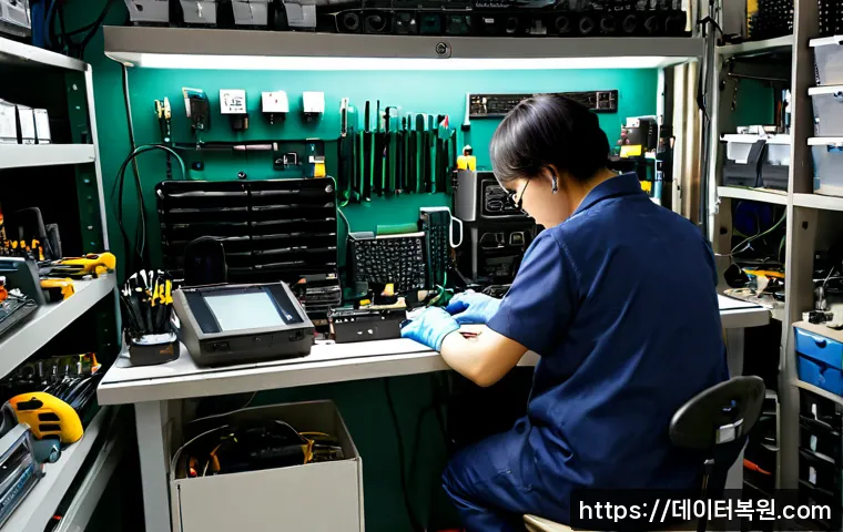 인현동 맥미니 판매 및 수리 - Photorealistic compact computer repair bench in a small Inhyeon-dong electronics workshop, an unbran...