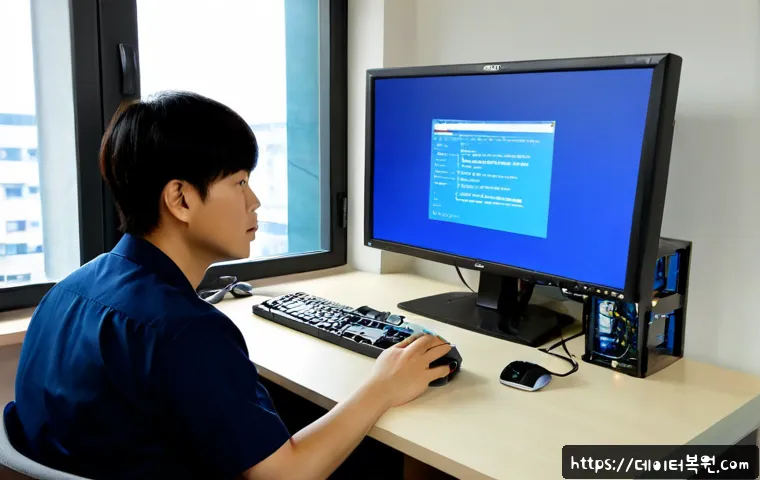 삼송동 KERNEL_STACK_INPAGE_ERROR - Photorealistic remote IT support workstation in Samsong-dong, a desktop monitor showing a blank blue...