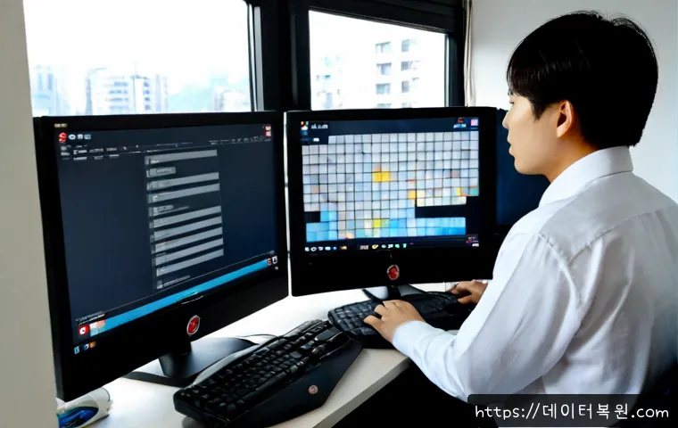 신이문동 STATUS_FILE_CORRUPTION - Photorealistic remote-support workstation in a compact East Seoul apartment office, dual monitors sh...