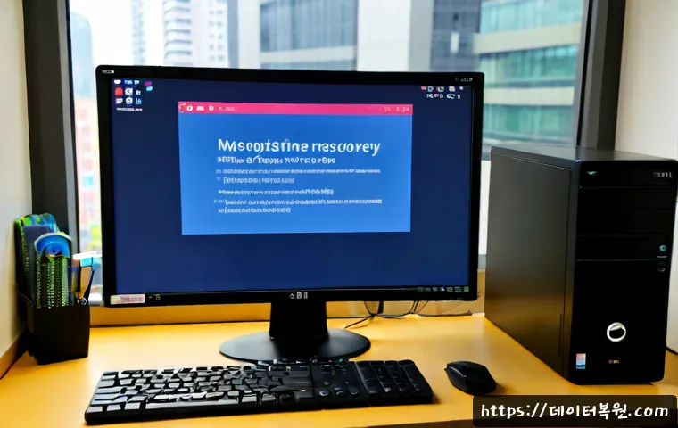 천호동 NTLDR is compressed - Photorealistic IT support workstation in a compact Seoul apartment office, dual monitors showing a b...