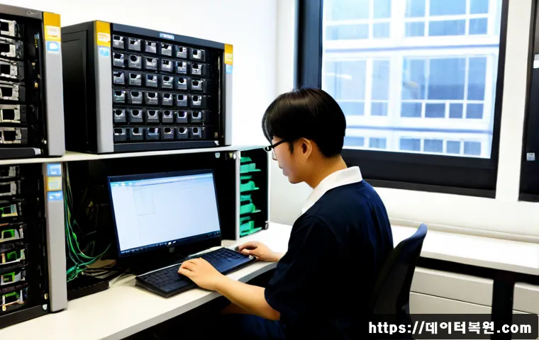 장항동 파일서버출장방문수리점 - Photorealistic file server repair visit inside a compact Janghang-dong industrial office, technician...