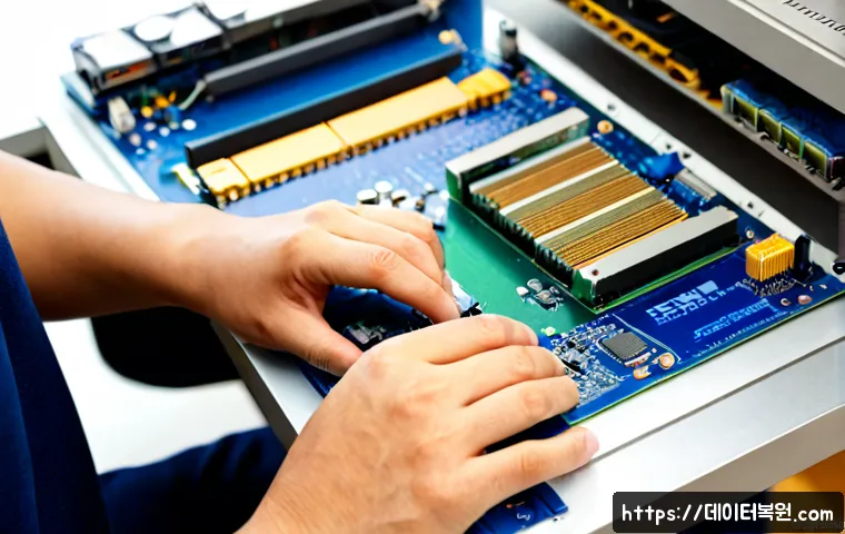 성수동 cpu조립 및 교체수리 - Photorealistic computer repair bench in a modern Seongsu-dong workshop, technician carefully install...