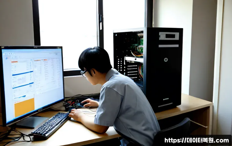 회기동 컴퓨터 desktop 출장방문수리점 - Photorealistic desktop computer repair technician servicing a tower PC in a compact Hoegi-dong apart...