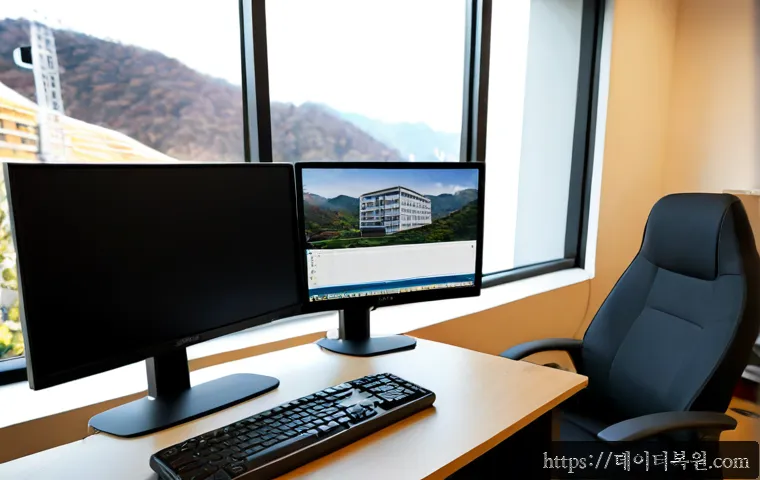충현동 STATUS_IMAGE_ACCESS_DENIED - Photorealistic remote-support workstation in a compact Seoul neighborhood office, dual monitors show...
