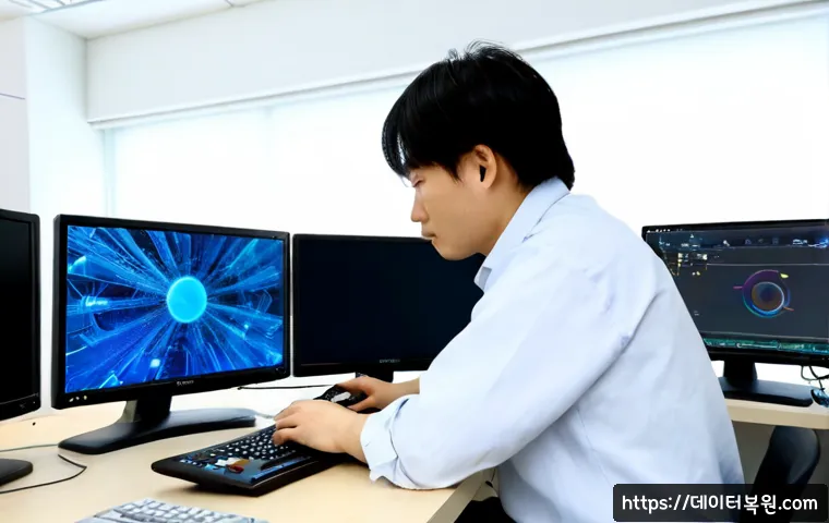 문봉동 STATUS_IO_TIMEOUT - Photorealistic remote support workstation in a quiet Munbong-dong office, dual monitors showing a fr...